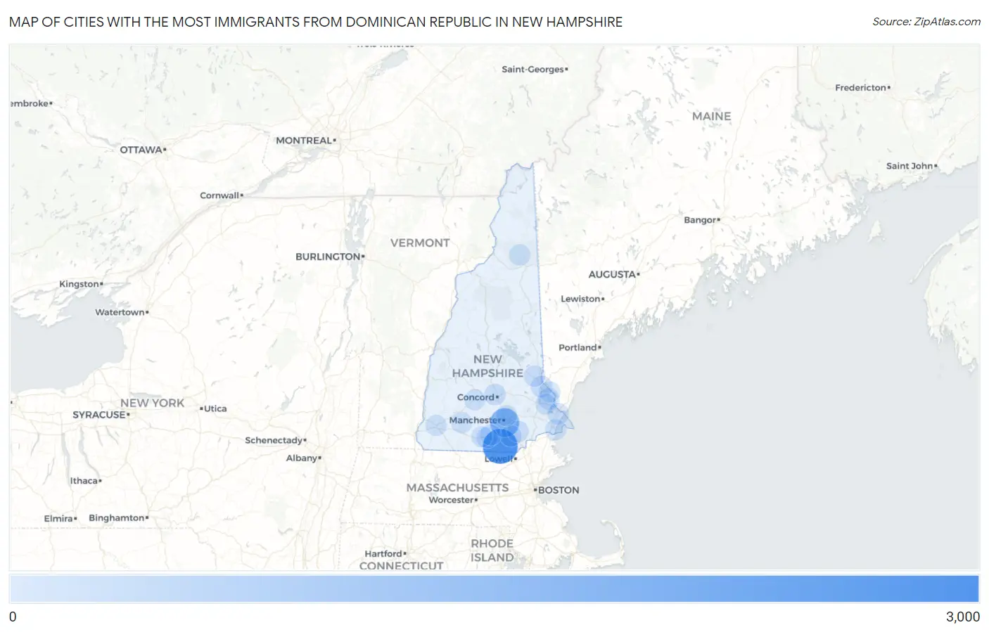 Cities with the Most Immigrants from Dominican Republic in New Hampshire Map