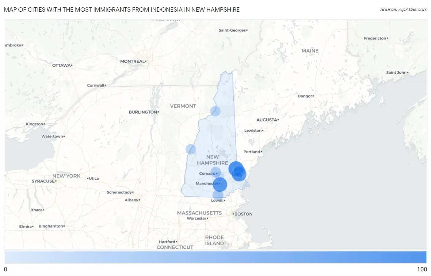 Cities with the Most Immigrants from Indonesia in New Hampshire Map
