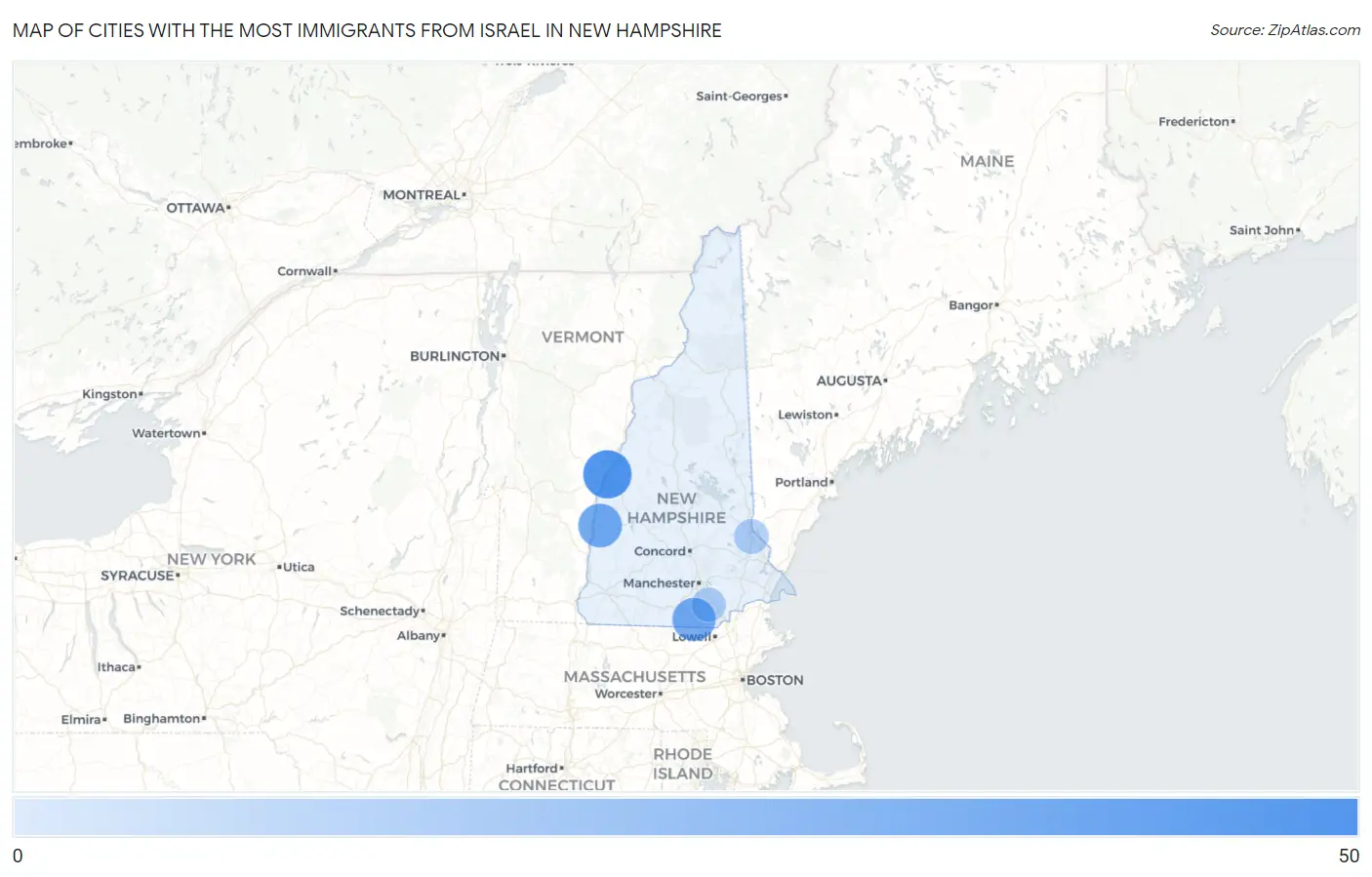 Cities with the Most Immigrants from Israel in New Hampshire Map
