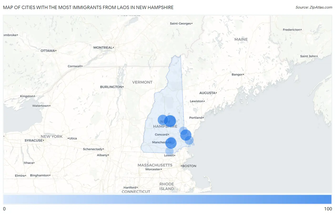 Cities with the Most Immigrants from Laos in New Hampshire Map