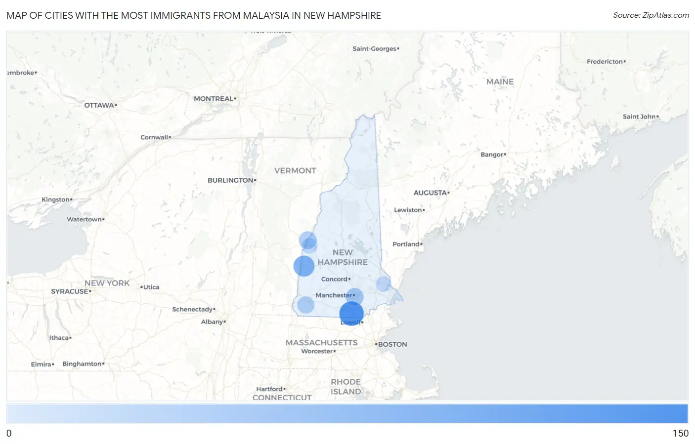Cities with the Most Immigrants from Malaysia in New Hampshire Map