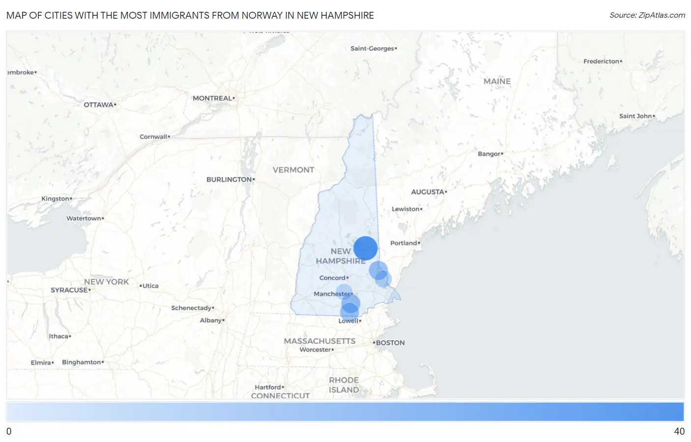 Cities with the Most Immigrants from Norway in New Hampshire Map