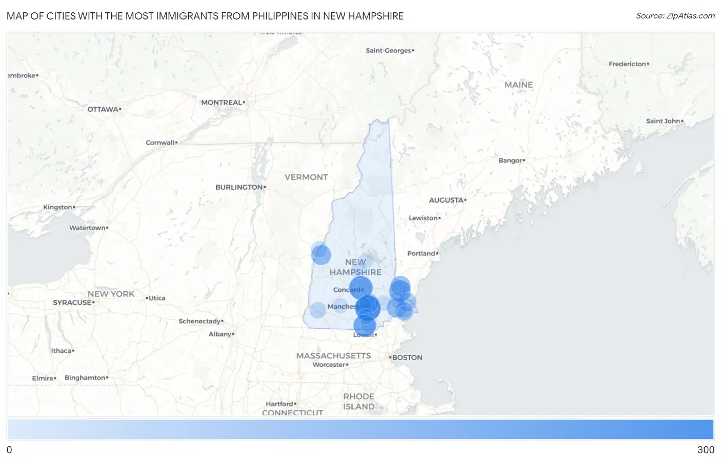 Cities with the Most Immigrants from Philippines in New Hampshire Map