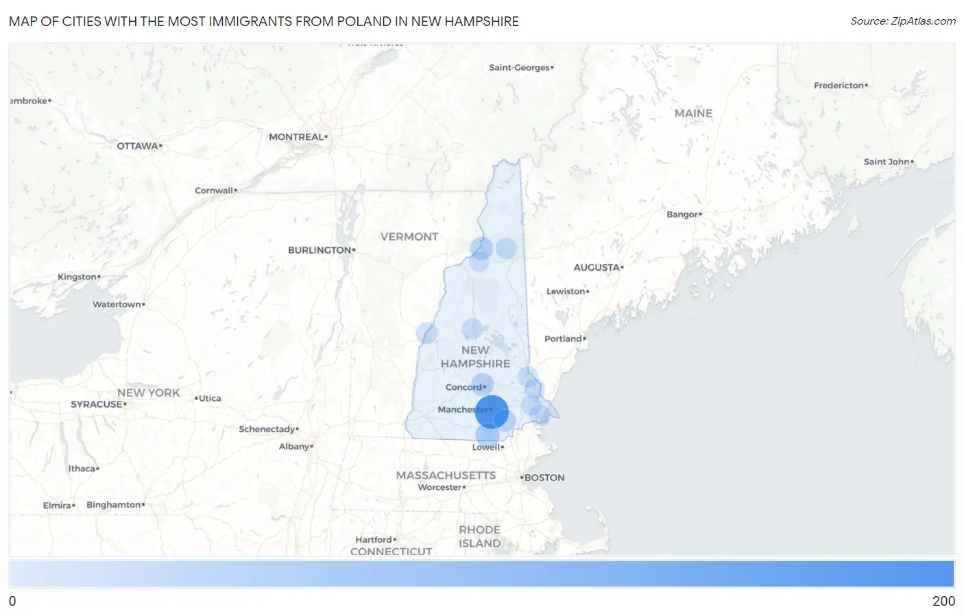 Cities with the Most Immigrants from Poland in New Hampshire Map