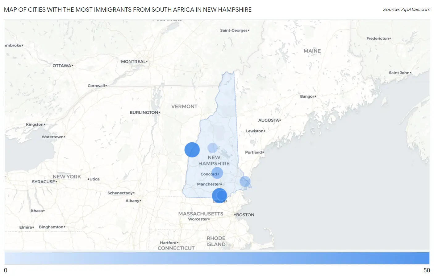 Cities with the Most Immigrants from South Africa in New Hampshire Map