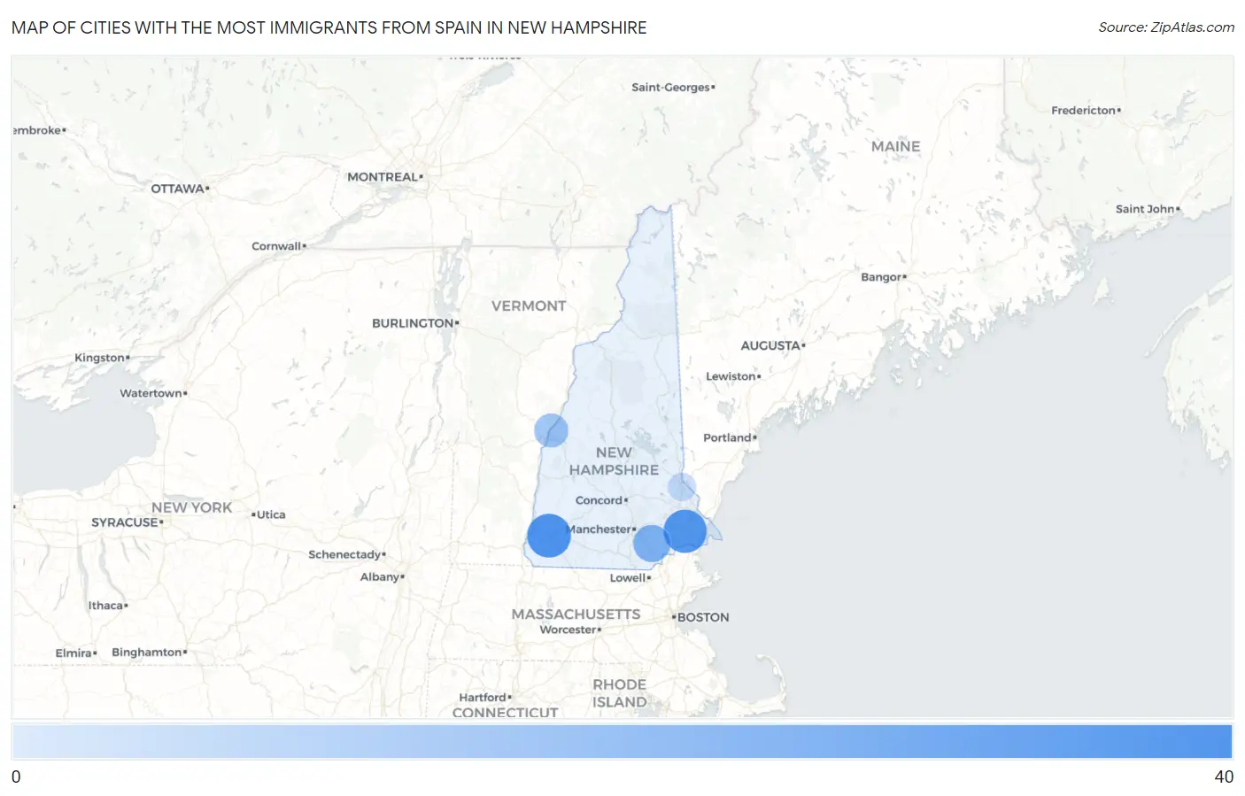 Cities with the Most Immigrants from Spain in New Hampshire Map