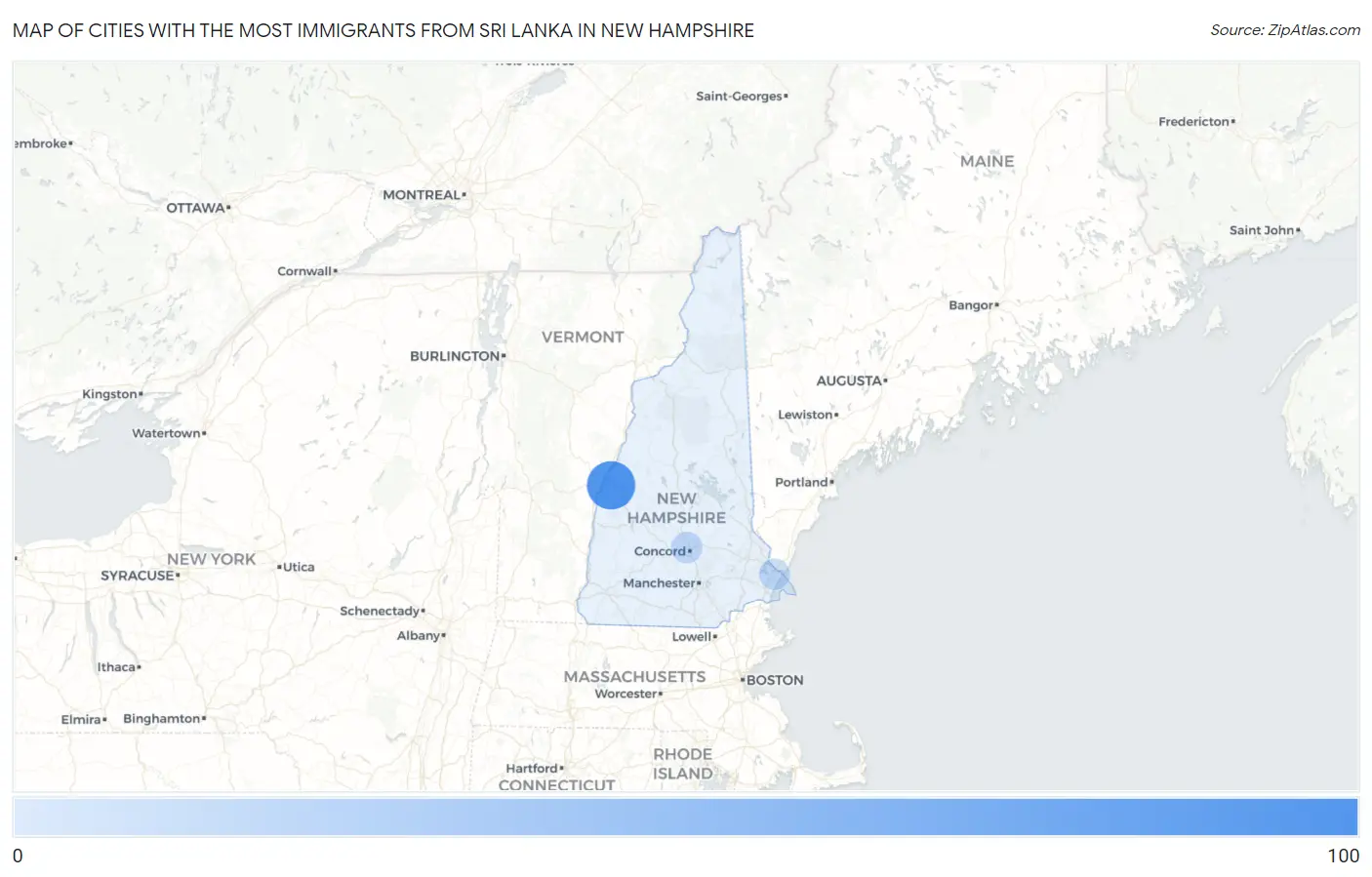 Cities with the Most Immigrants from Sri Lanka in New Hampshire Map