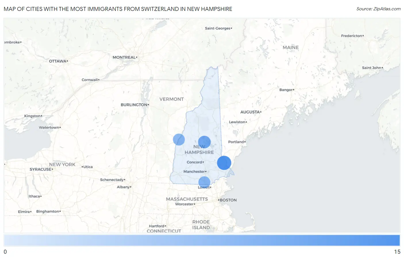 Cities with the Most Immigrants from Switzerland in New Hampshire Map