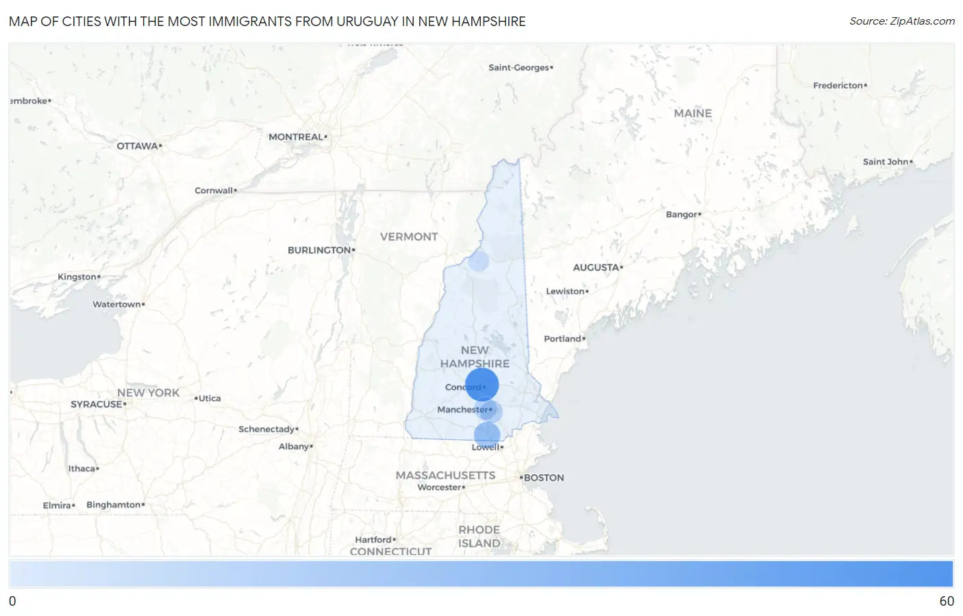 Cities with the Most Immigrants from Uruguay in New Hampshire Map