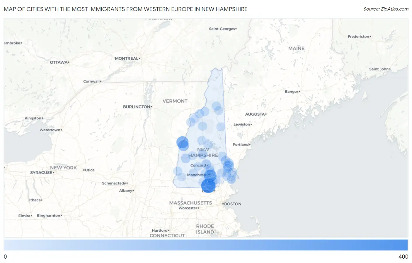 Cities with the Most Immigrants from Western Europe in New Hampshire Map