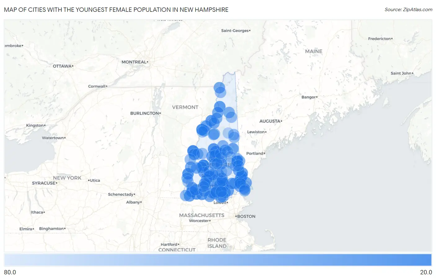 Cities with the Youngest Female Population in New Hampshire Map