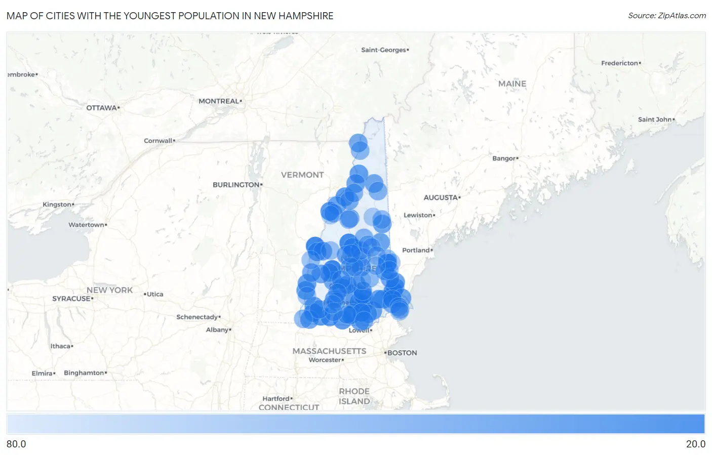 Cities with the Youngest Population in New Hampshire Map