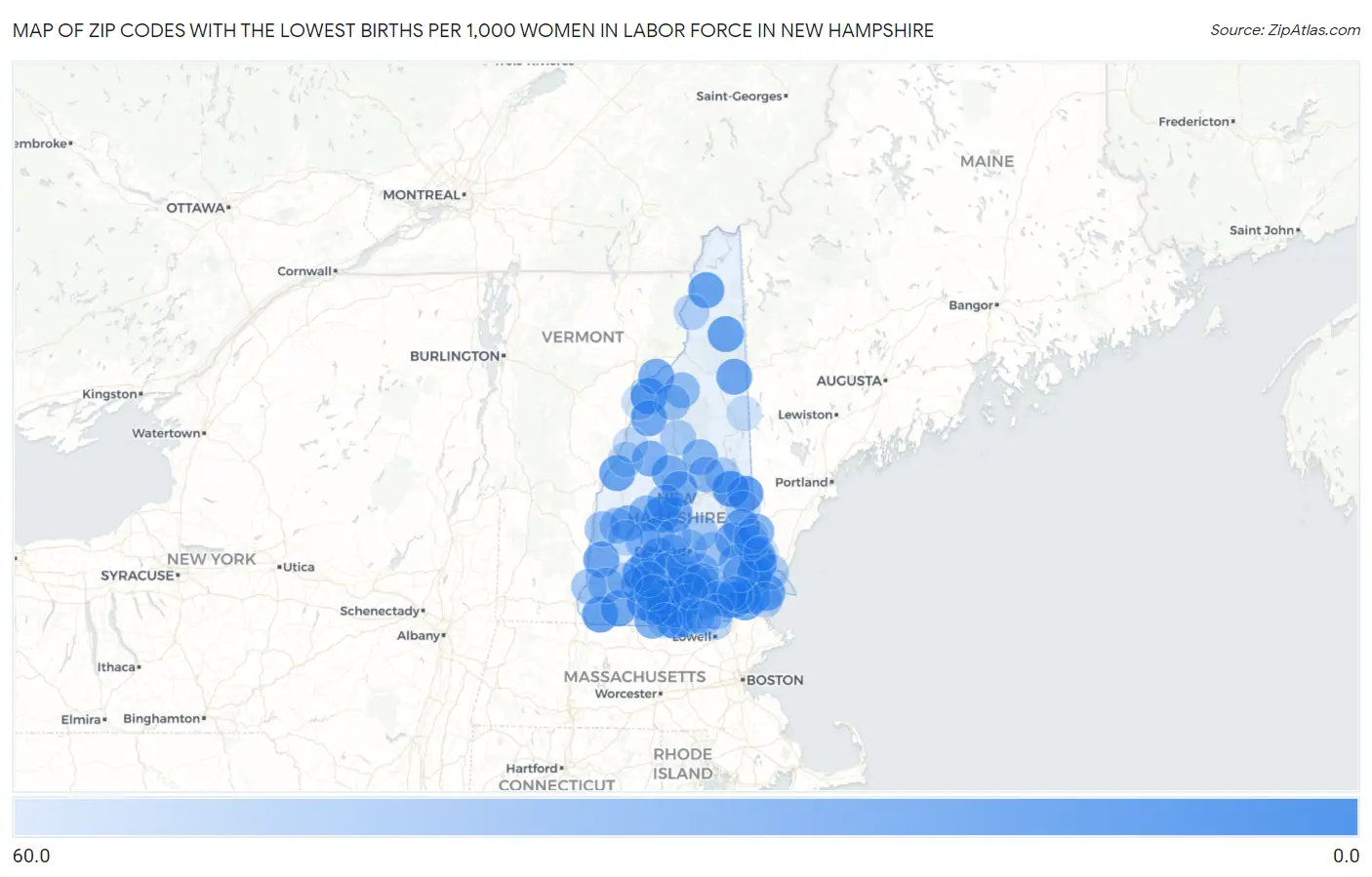 Zip Codes with the Lowest Births per 1,000 Women in Labor Force in New Hampshire Map