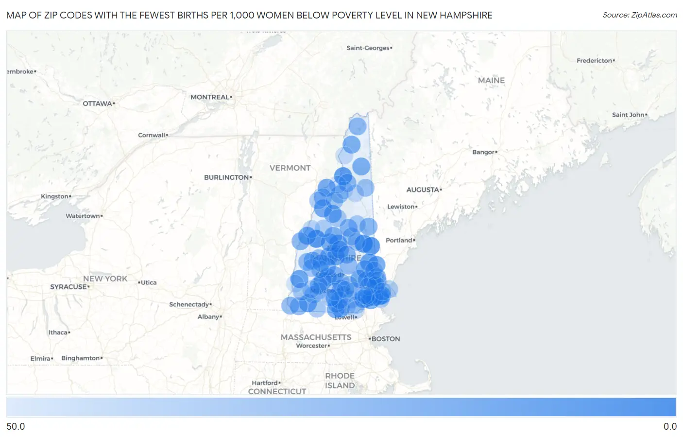Zip Codes with the Fewest Births per 1,000 Women Below Poverty Level in New Hampshire Map