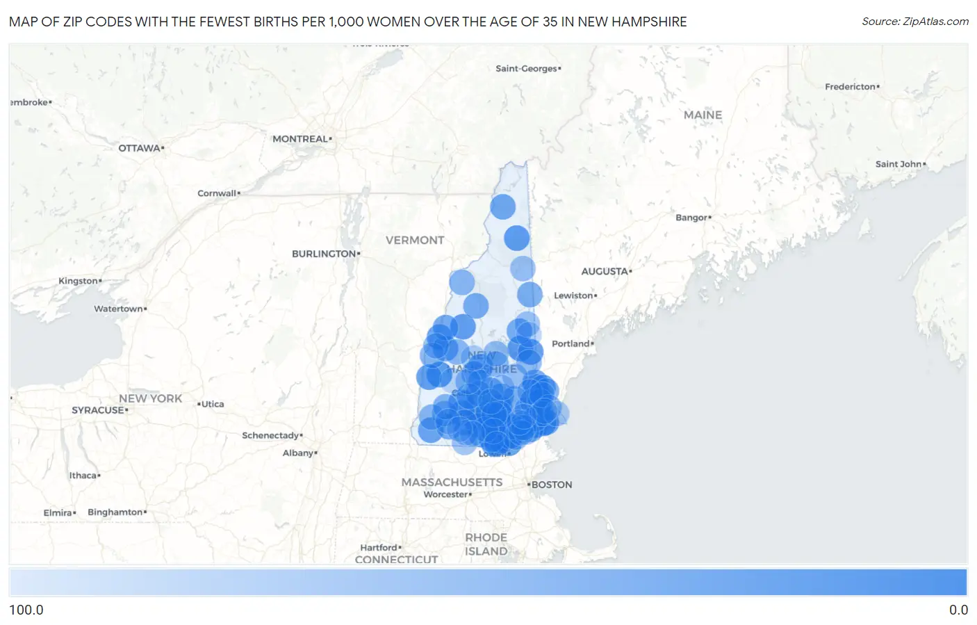 Zip Codes with the Fewest Births per 1,000 Women Over the Age of 35 in New Hampshire Map