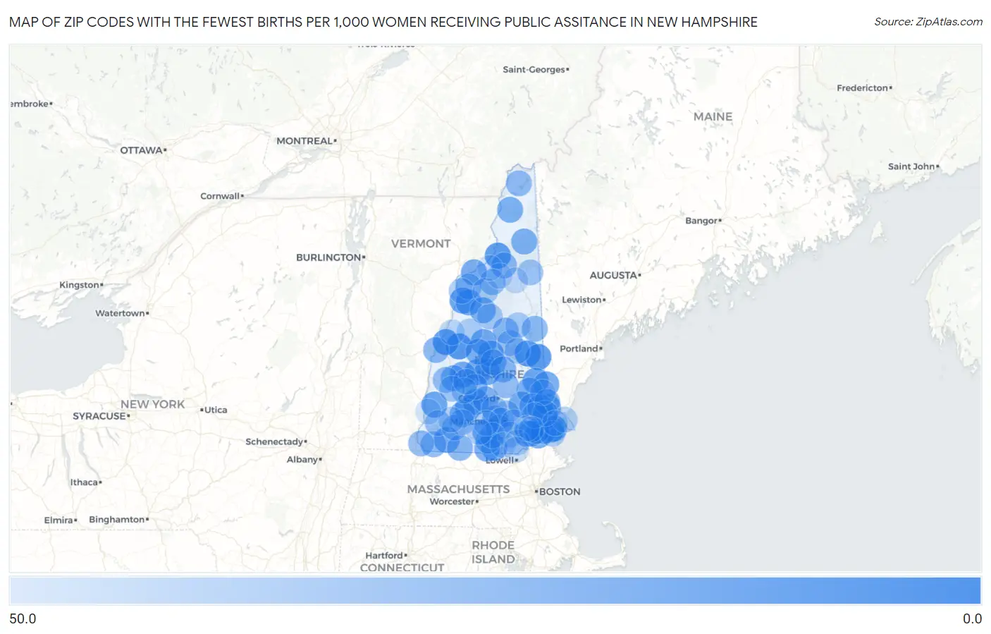 Zip Codes with the Fewest Births per 1,000 Women Receiving Public Assitance in New Hampshire Map