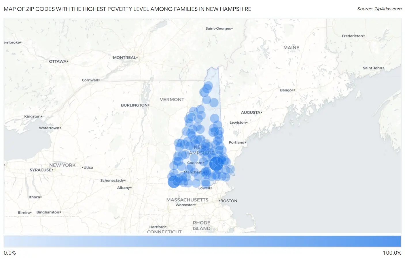 Zip Codes with the Highest Poverty Level Among Families in New Hampshire Map