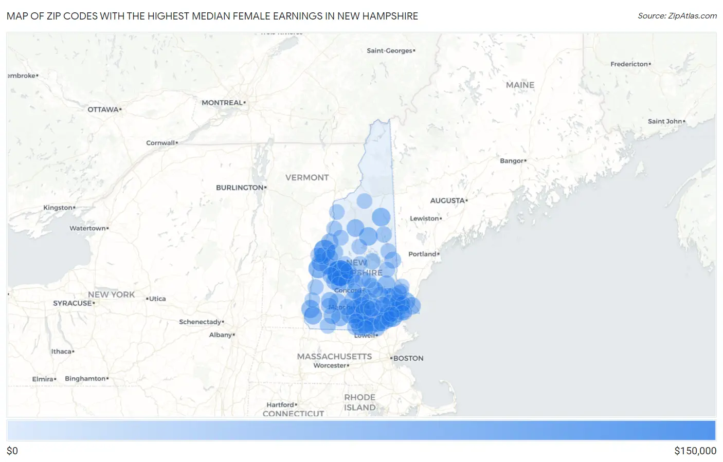 Zip Codes with the Highest Median Female Earnings in New Hampshire Map