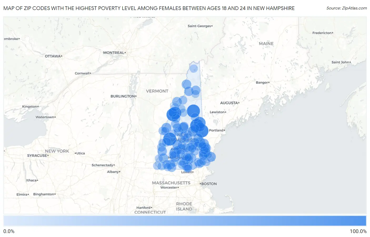 Zip Codes with the Highest Poverty Level Among Females Between Ages 18 and 24 in New Hampshire Map