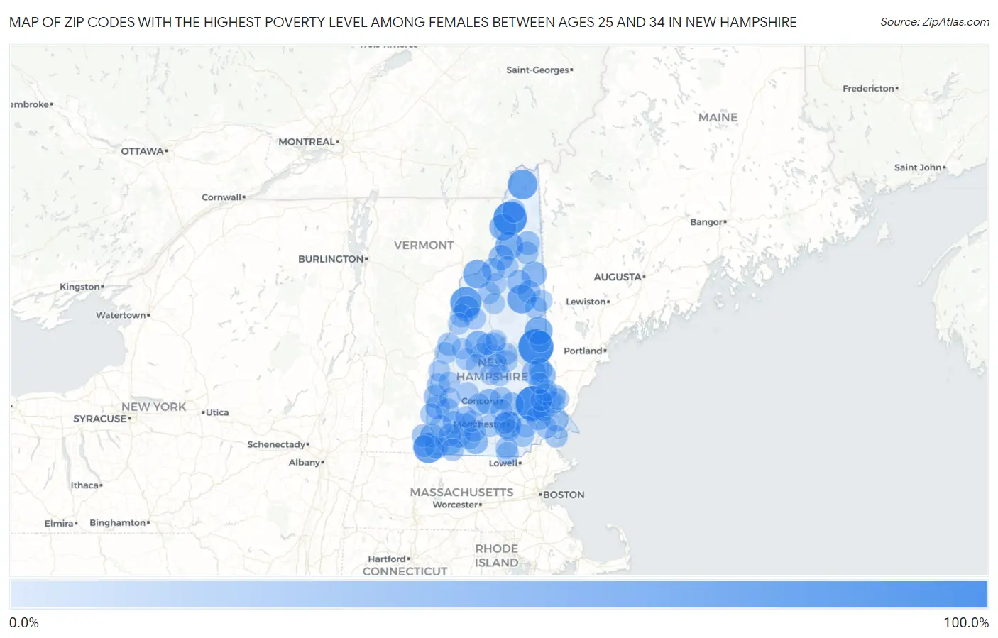 Zip Codes with the Highest Poverty Level Among Females Between Ages 25 and 34 in New Hampshire Map