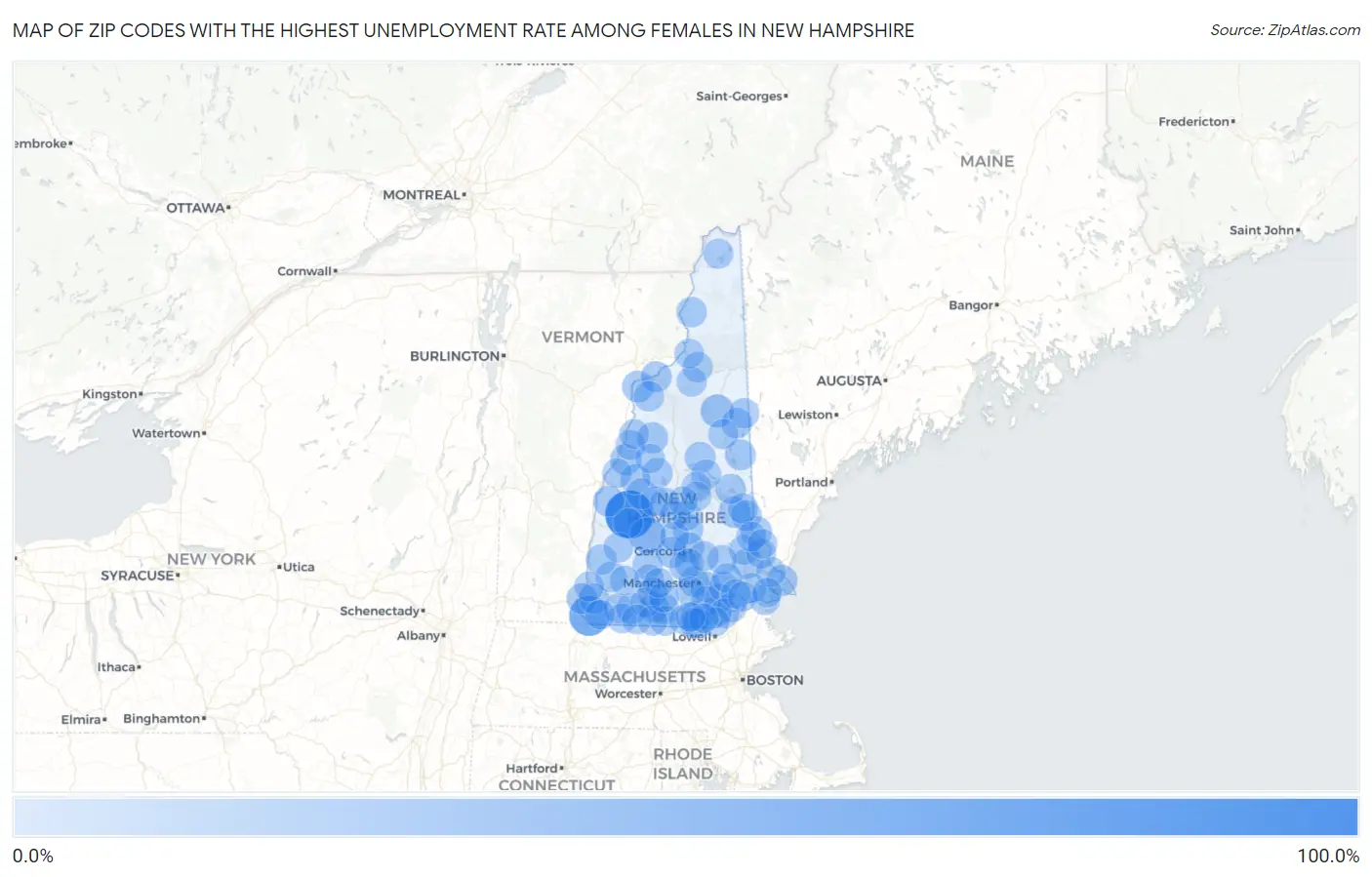 Zip Codes with the Highest Unemployment Rate Among Females in New Hampshire Map