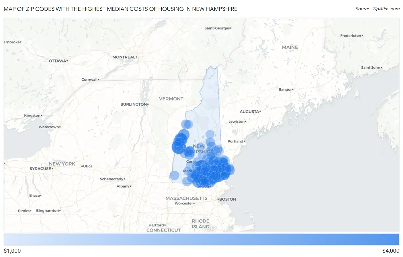 Zip Codes with the Highest Median Costs of Housing in New Hampshire Map