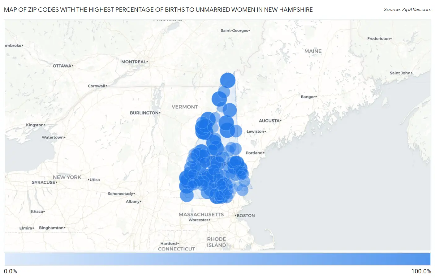 Zip Codes with the Highest Percentage of Births to Unmarried Women in New Hampshire Map