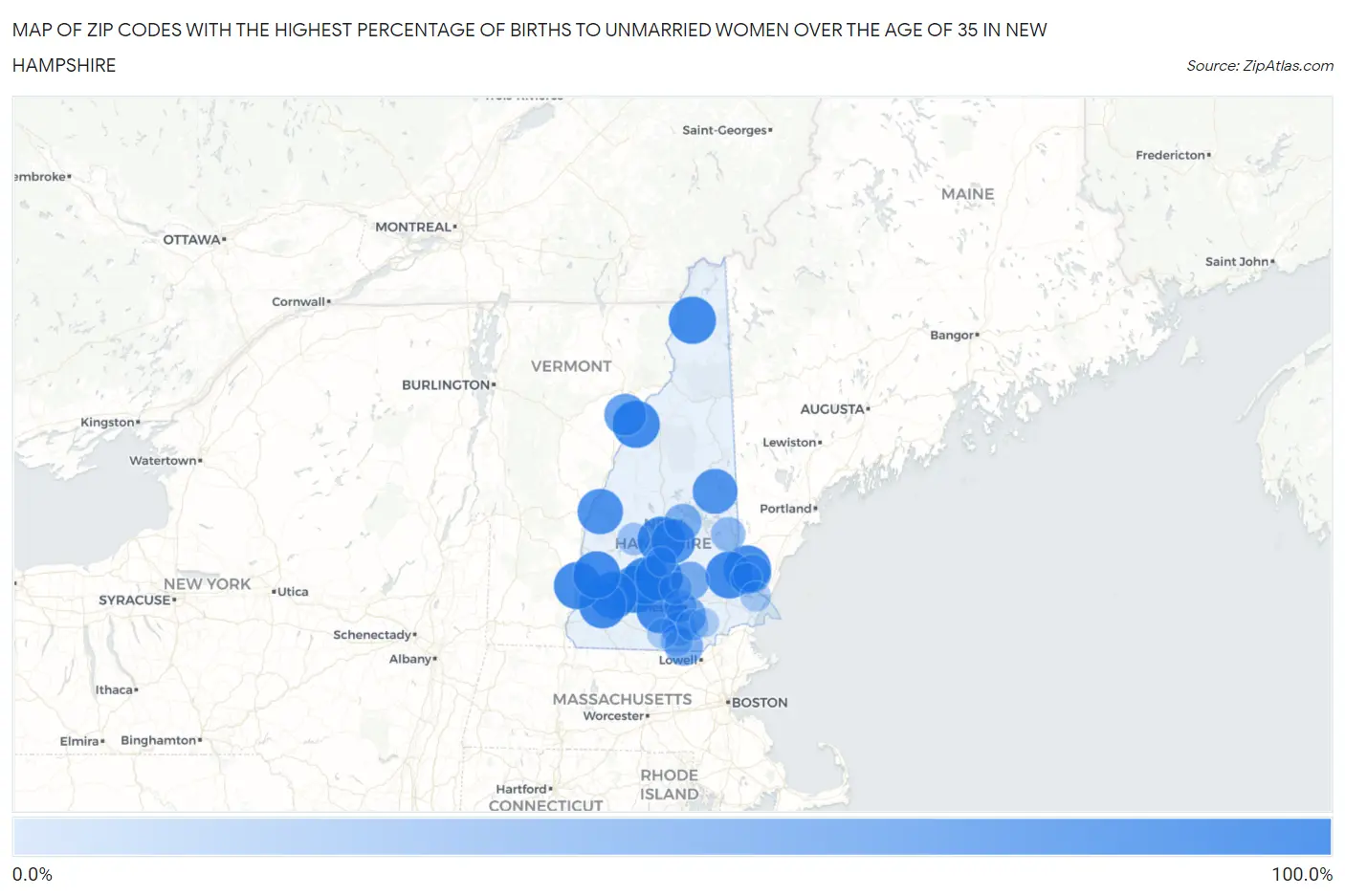 Zip Codes with the Highest Percentage of Births to Unmarried Women over the Age of 35 in New Hampshire Map