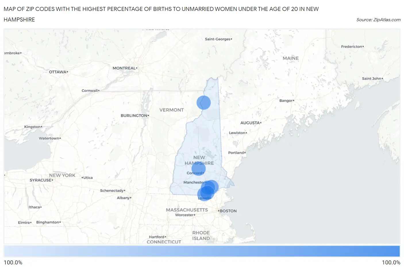 Zip Codes with the Highest Percentage of Births to Unmarried Women under the Age of 20 in New Hampshire Map