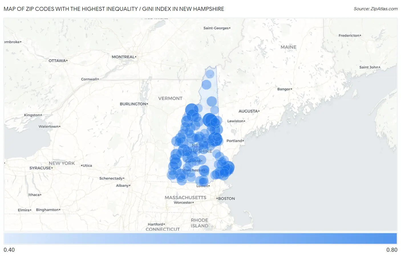 Zip Codes with the Highest Inequality / Gini Index in New Hampshire Map