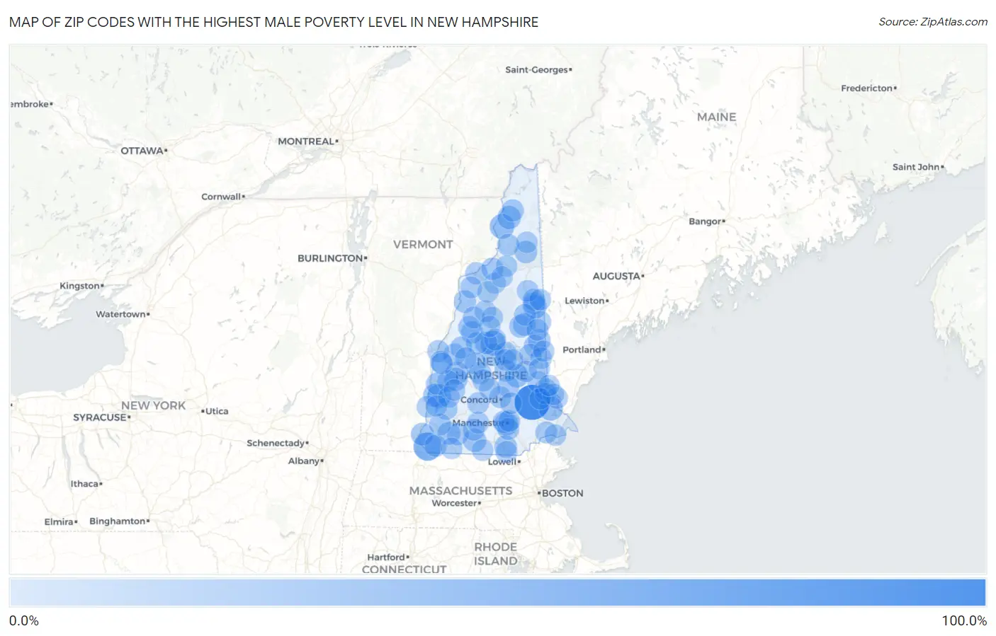 Zip Codes with the Highest Male Poverty Level in New Hampshire Map