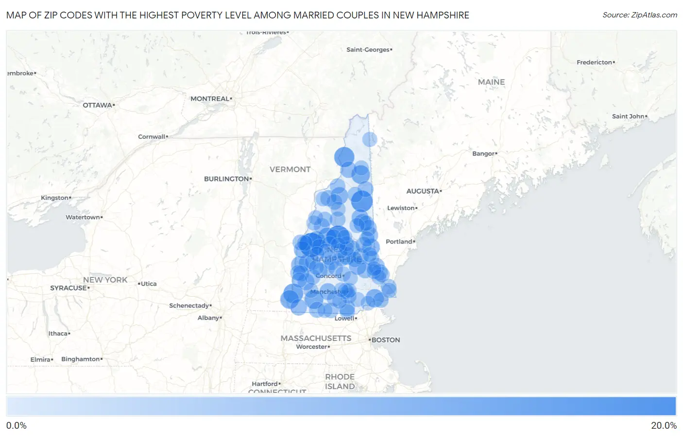Zip Codes with the Highest Poverty Level Among Married Couples in New Hampshire Map