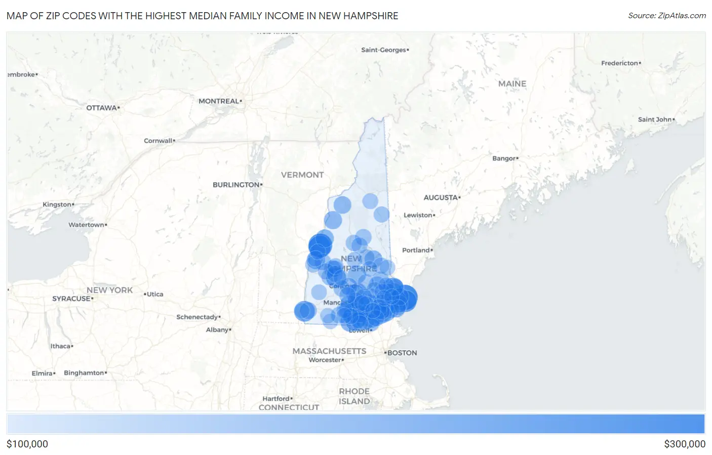 Zip Codes with the Highest Median Family Income in New Hampshire Map