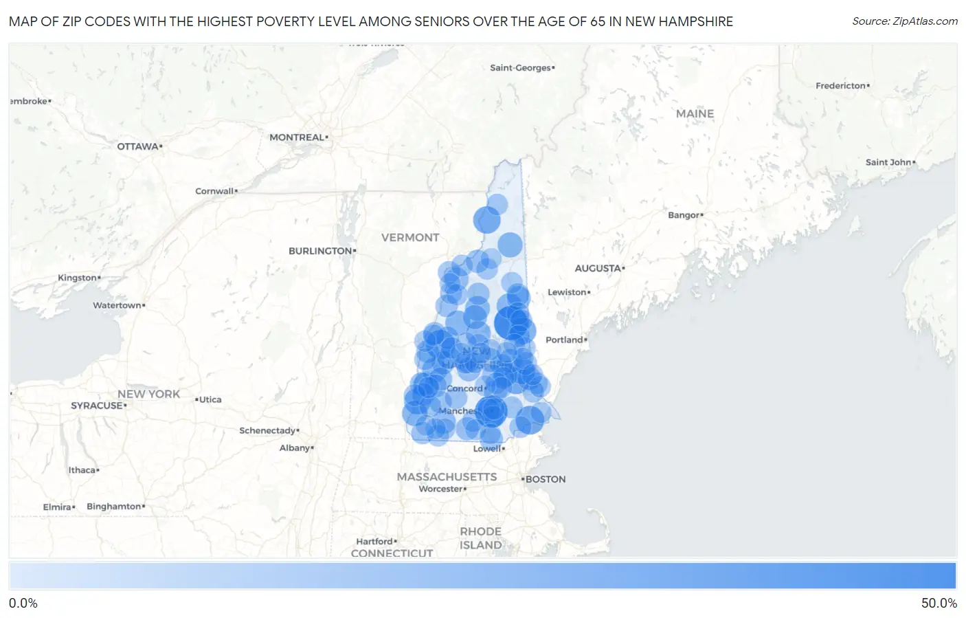 Zip Codes with the Highest Poverty Level Among Seniors Over the Age of 65 in New Hampshire Map