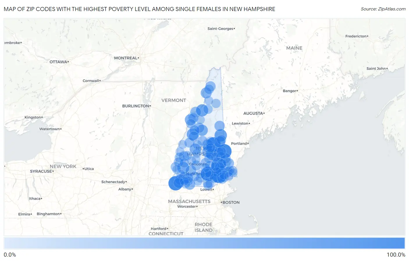 Zip Codes with the Highest Poverty Level Among Single Females in New Hampshire Map