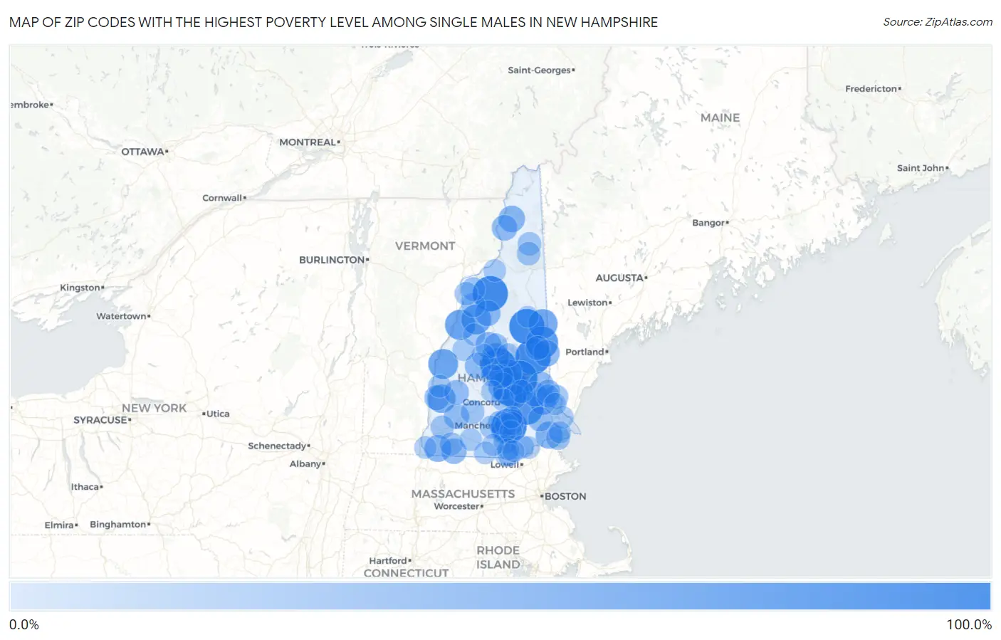 Zip Codes with the Highest Poverty Level Among Single Males in New Hampshire Map