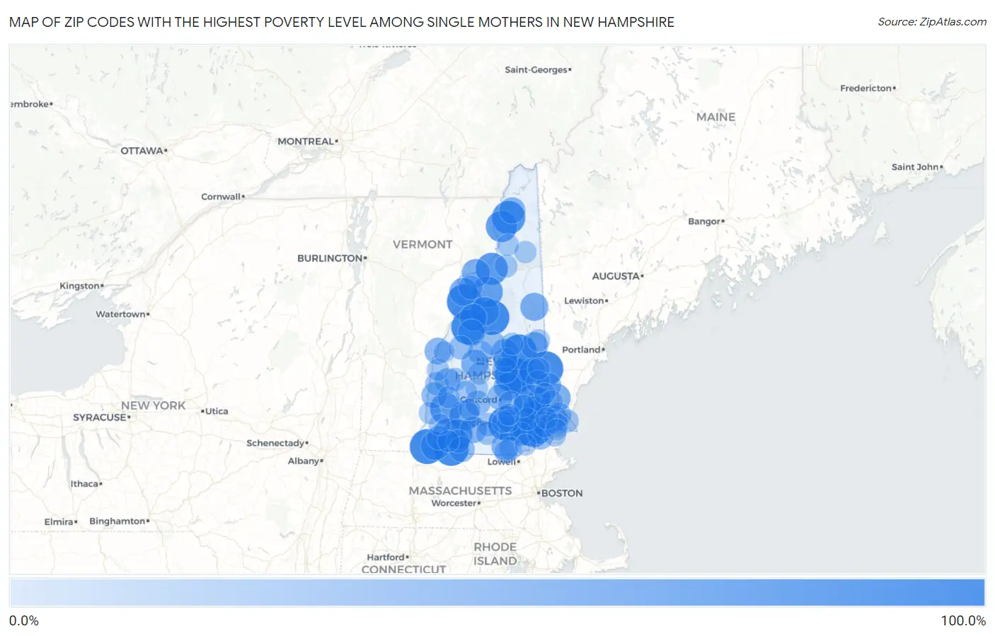 Zip Codes with the Highest Poverty Level Among Single Mothers in New Hampshire Map