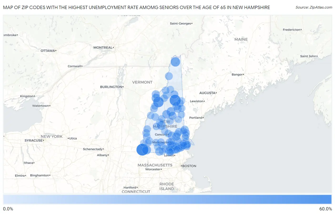 Zip Codes with the Highest Unemployment Rate Amomg Seniors Over the Age of 65 in New Hampshire Map