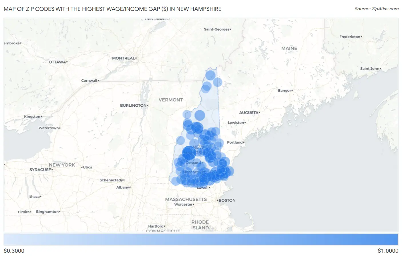 Zip Codes with the Highest Wage/Income Gap ($) in New Hampshire Map