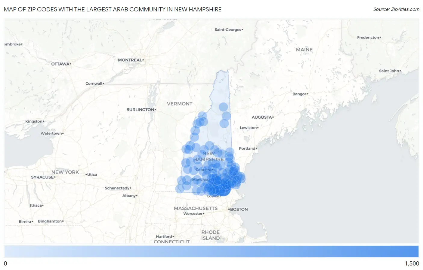 Zip Codes with the Largest Arab Community in New Hampshire Map