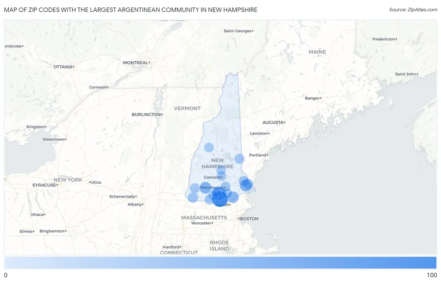 Zip Codes with the Largest Argentinean Community in New Hampshire Map