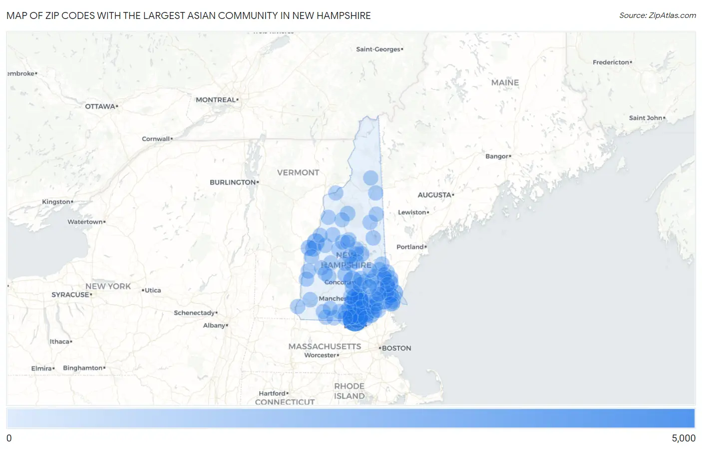 Zip Codes with the Largest Asian Community in New Hampshire Map