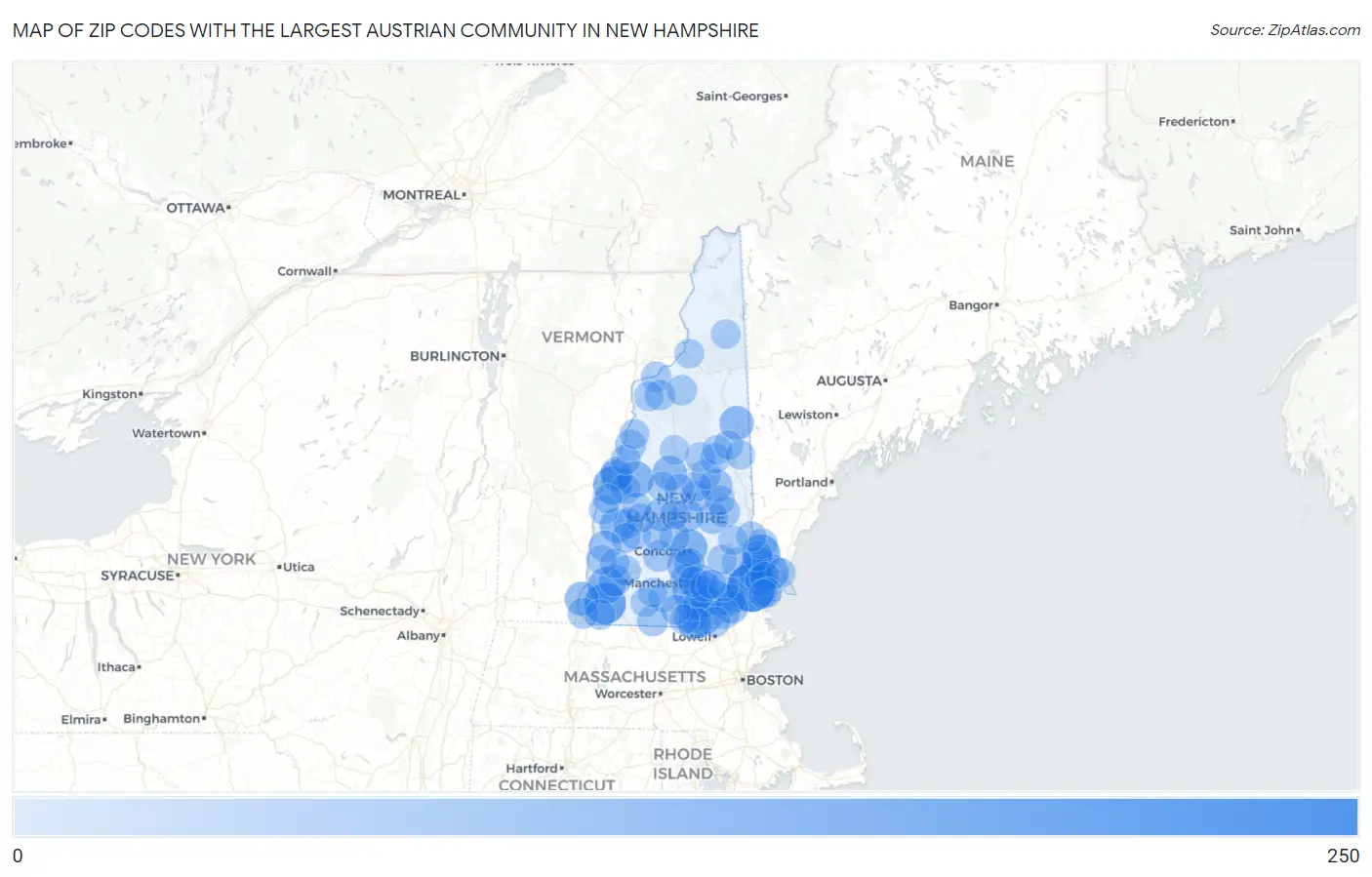 Zip Codes with the Largest Austrian Community in New Hampshire Map