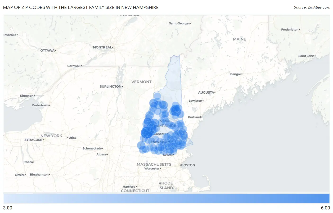 Zip Codes with the Largest Family Size in New Hampshire Map