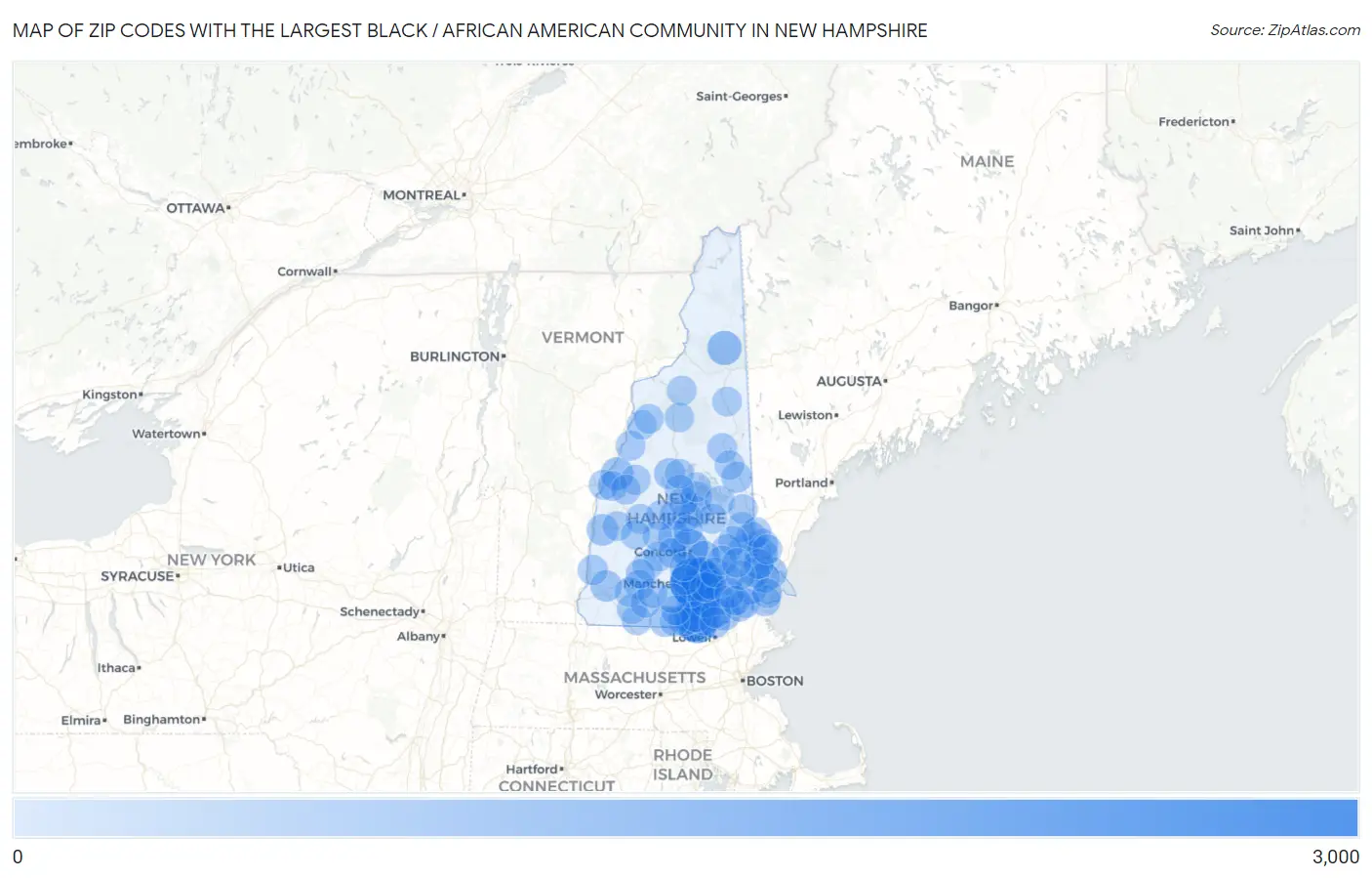 Zip Codes with the Largest Black / African American Community in New Hampshire Map