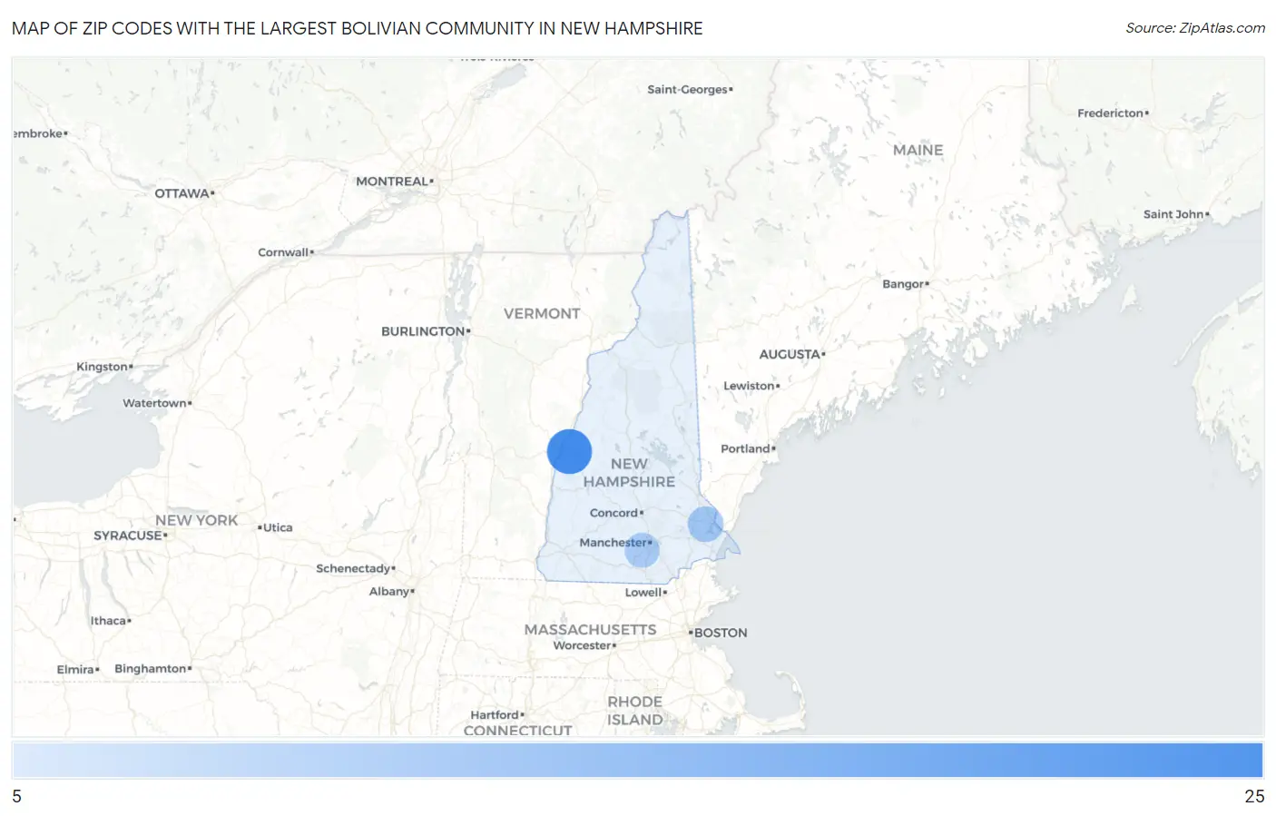 Zip Codes with the Largest Bolivian Community in New Hampshire Map