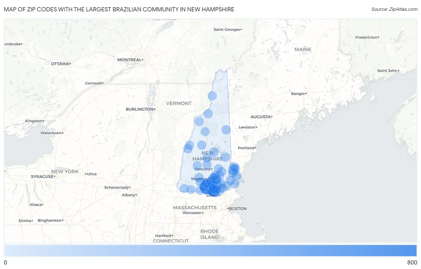 Zip Codes with the Largest Brazilian Community in New Hampshire Map