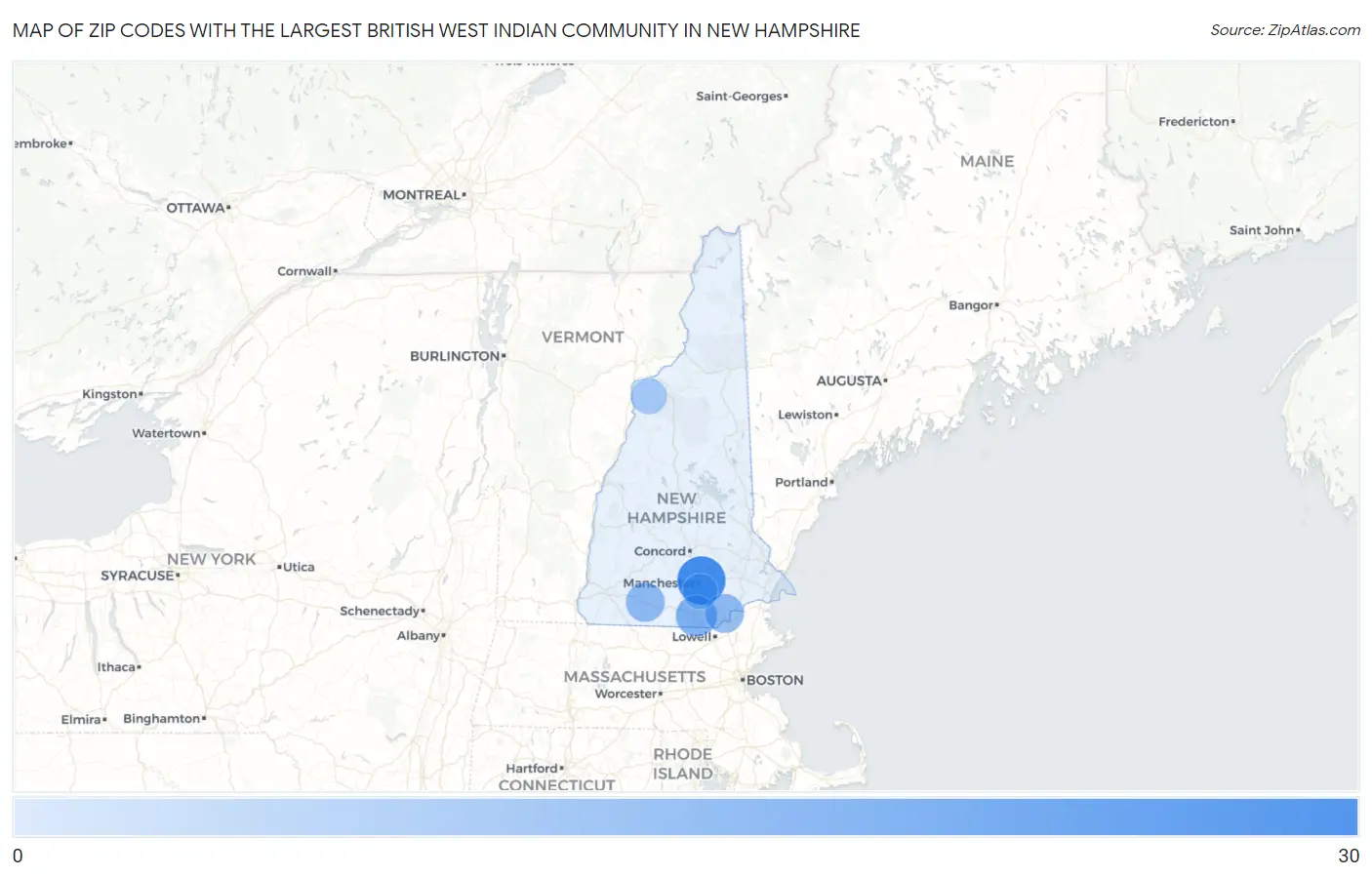 Zip Codes with the Largest British West Indian Community in New Hampshire Map