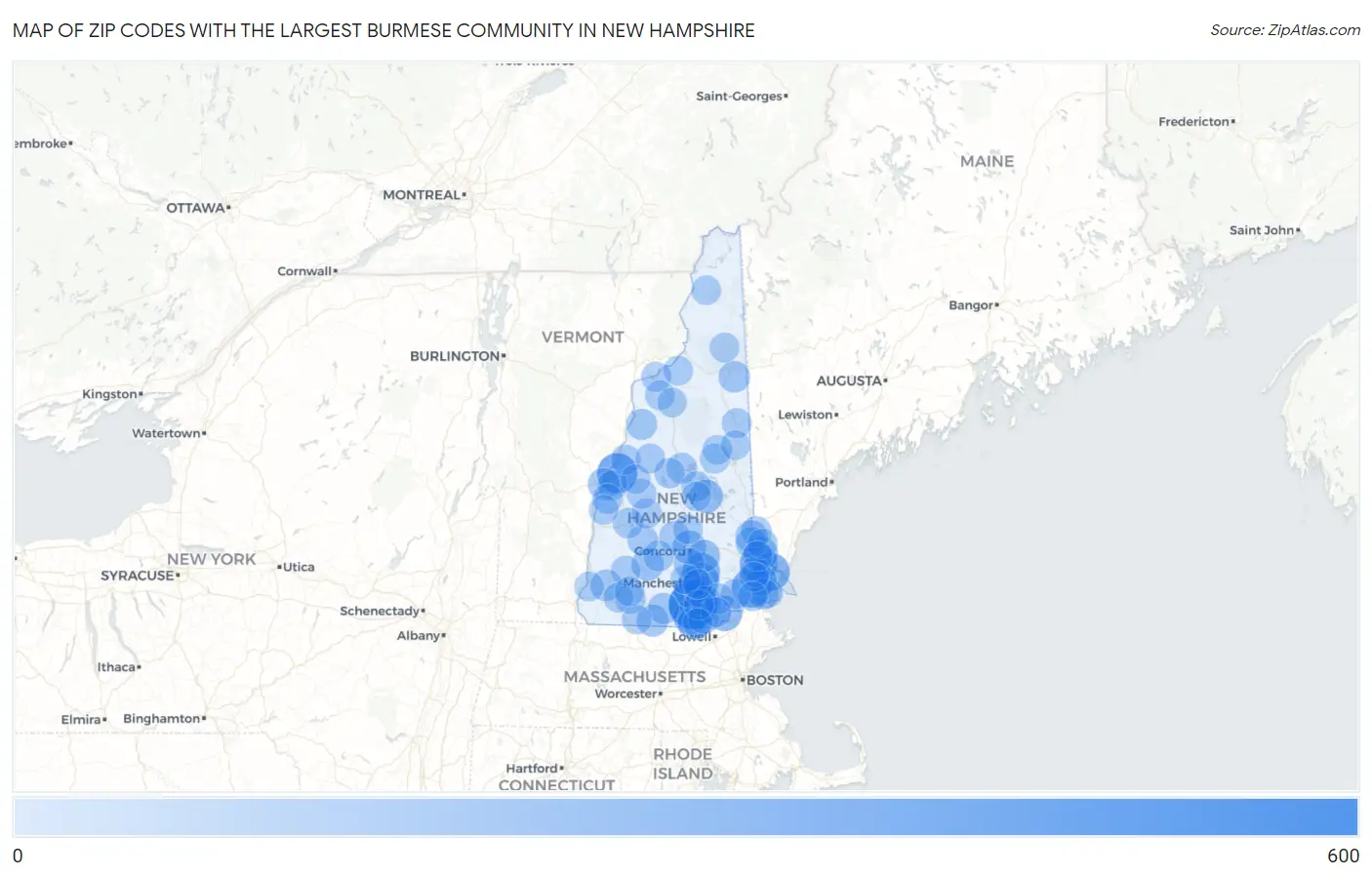 Zip Codes with the Largest Burmese Community in New Hampshire Map
