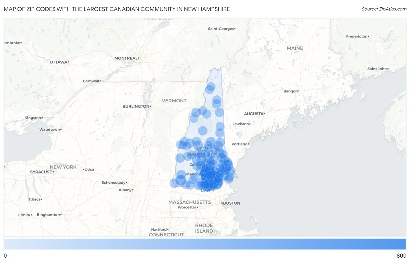 Zip Codes with the Largest Canadian Community in New Hampshire Map